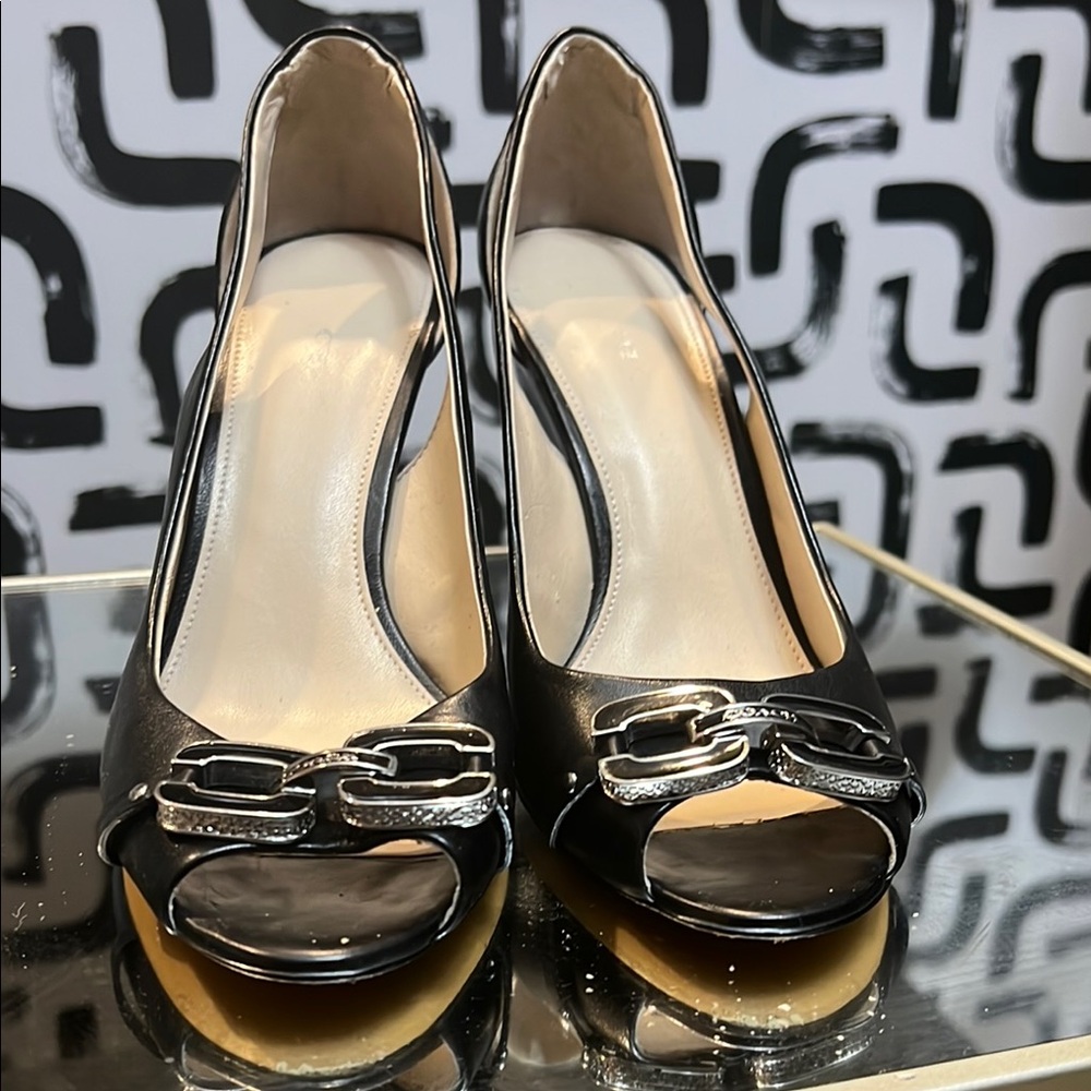 Coach Black Peep-Toe Heels with Silver Accents